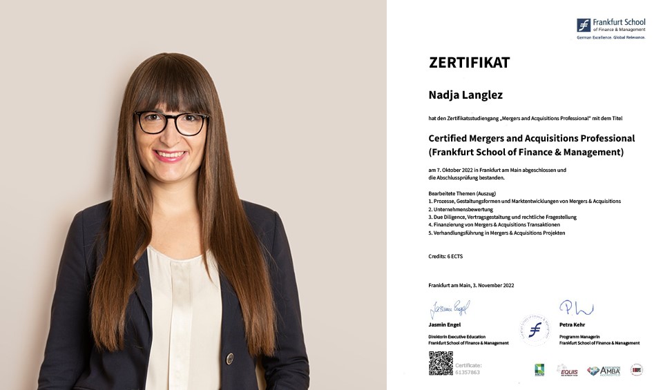 Nadja Langlez erhält „Mergers & Acquisitions Professional“ Zertifikat