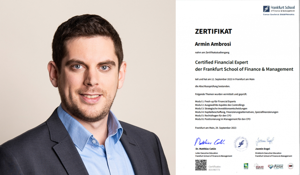 Armin Ambrosi schließt erfolgreich den Zertifikatsstudiengang „Certified Financial Expert“ ab